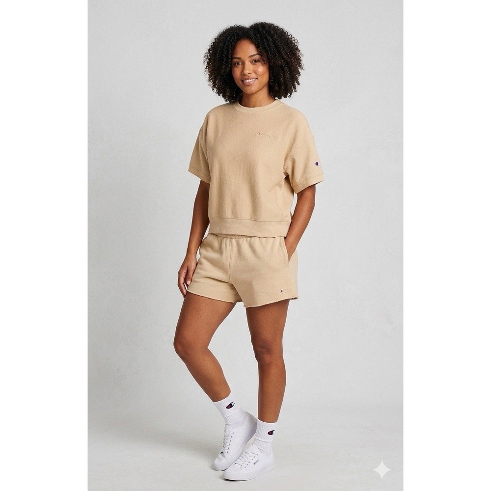 Champion Women's Cropped Crew Short Sleeve Fleece Sweat Shirt T-Shirt - Tan M